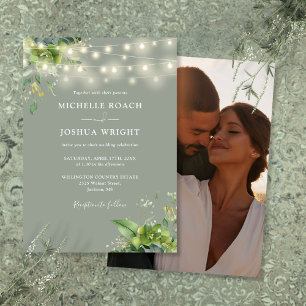 String Lights Greenery Photo Sage Green Wedding Invitation