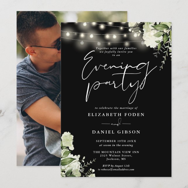 String Lights Greenery Photo Wedding Evening Party Invitation (Front/Back)