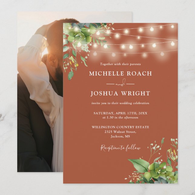 String Lights Greenery Terracotta Photo Wedding Invitation (Front/Back)