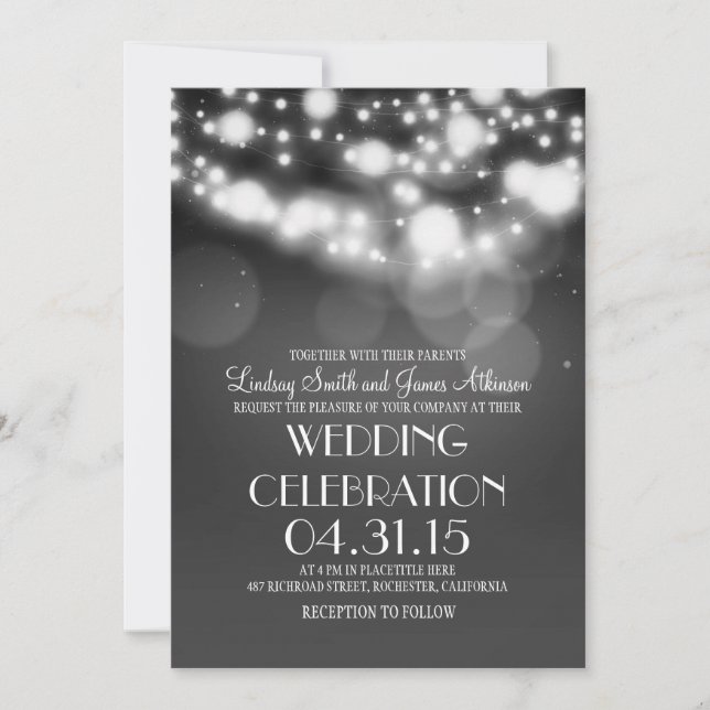 String lights grey elegant wedding invites (Front)