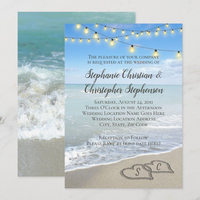 String Lights Hearts in the Sand Beach Wedding Invitation (Front/Back)