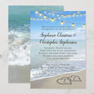 String Lights Hearts in the Sand Beach Wedding Invitation
