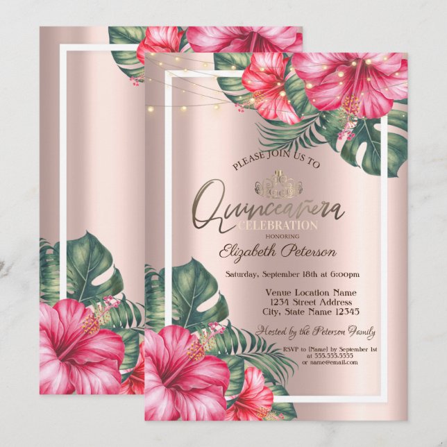 String Lights Hibuscus Rose Gold Quinceañera Invitation (Front/Back)