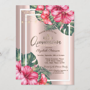 String Lights Hibuscus Rose Gold Quinceañera Invitation