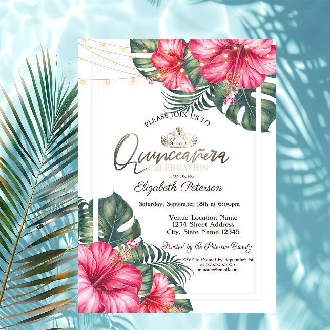String Lights Hibuscus Summer Quinceañera Invitation (Creator Uploaded)