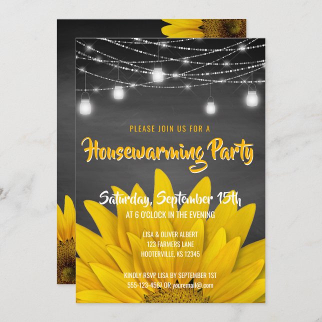 String Lights Housewarming Party Rustic Sunflowers Invitation (Front/Back)