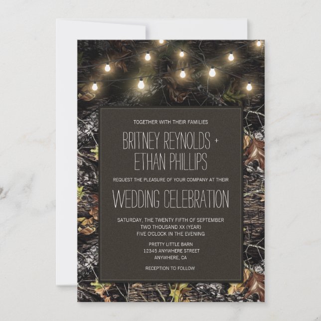 String Lights + Hunting Camo Wedding Invitations (Front)