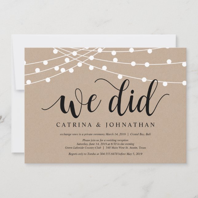 String Lights Kraft, Black font, Wedding Elopement Invitation (Front)