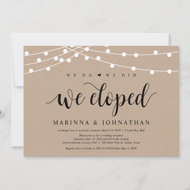 String Lights Kraft, Black font, Wedding Elopement Invitation (Front)