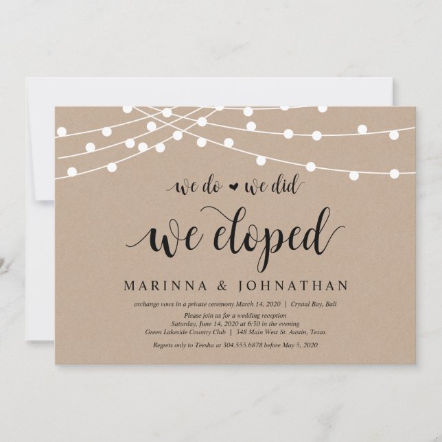 String Lights Kraft, Black font, Wedding Elopement Invitation (Front)