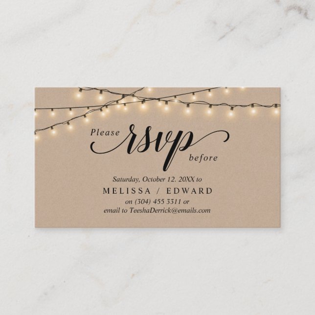 String Lights Kraft, Black Script, RSVP respond Enclosure Card (Front)