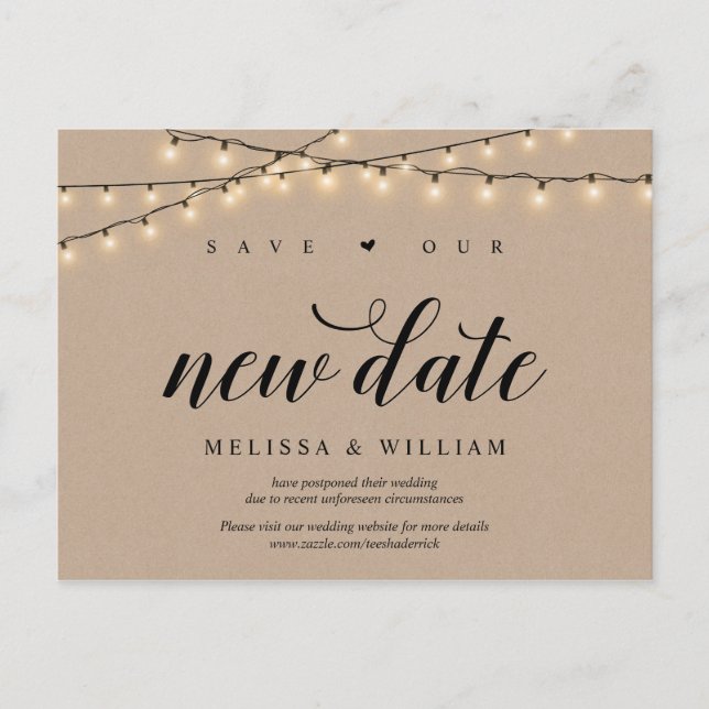 String Lights, Kraft, Save our new date, Postponed Postcard (Front)