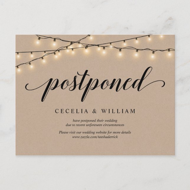 String Lights, Kraft, Wedding Invitation Postponed Postcard (Front)