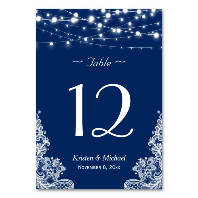 String Lights Lace Navy Blue Wedding Table Number (Front)