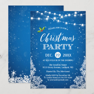 String Lights Lace Snowflakes Blue Christmas Party Invitation