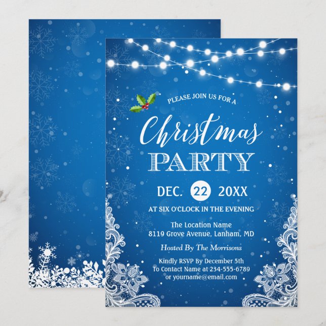 String Lights Lace Snowflakes Blue Christmas Party Invitation (Front/Back)