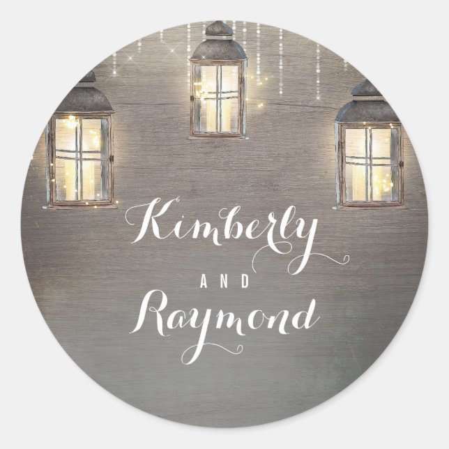 String Lights Lanterns Rustic Wedding Classic Round Sticker (Front)
