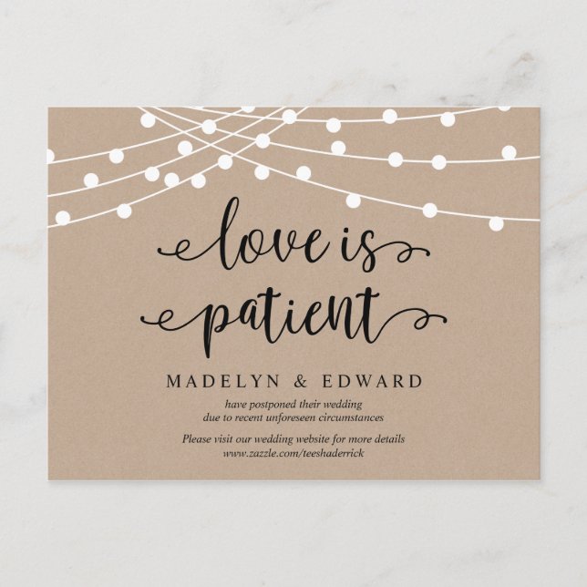 String lights, Love is patient, wedding postponed Postcard (Front)