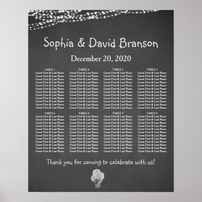 String Lights Mason Jar Chalkboard Seating Chart (Front)
