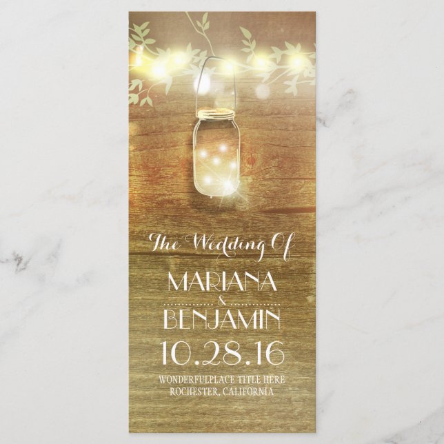 string lights mason jar rustic wedding programs programme (Front)