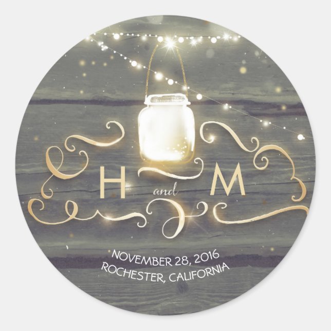 String Lights Mason Jar Rustic Wood Initials Classic Round Sticker (Front)