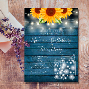String Lights Mason Jar Sunflowers Rustic Wedding Invitation