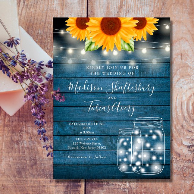 String Lights Mason Jar Sunflowers Rustic Wedding Invitation (Creator Uploaded)