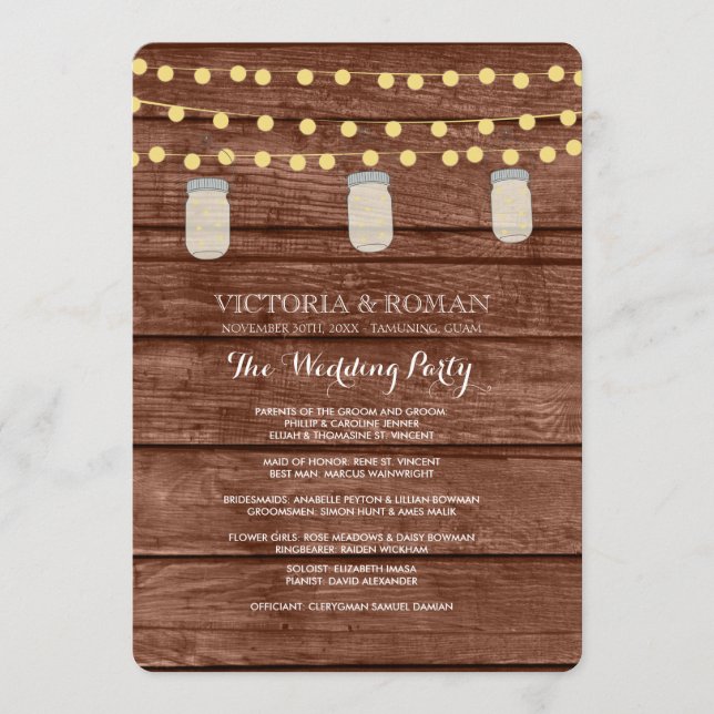 String Lights Mason Jar Wood Wedding Programs Programme (Front)