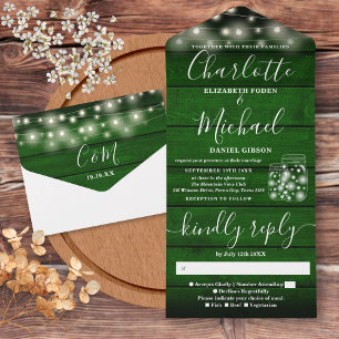 String Lights Mason Jars Green Wood Wedding All In One Invitation