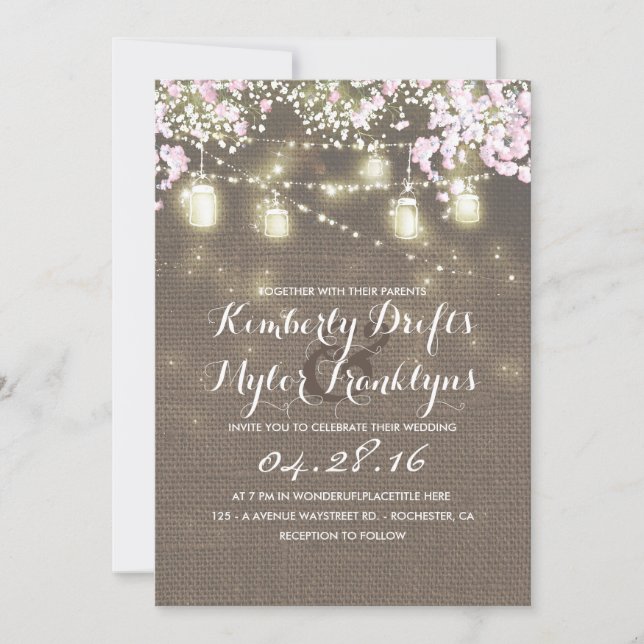 String Lights Mason Jars Rustic Burlap Wedding Invitation (Front)