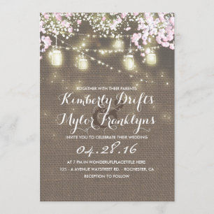 String Lights Mason Jars Rustic Burlap Wedding Invitation