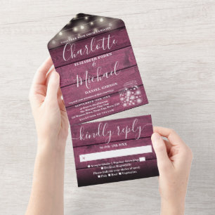 String Lights Mason Jars Rustic Red Wood Wedding All In One Invitation