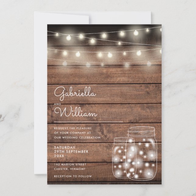 String Lights Mason Jars Rustic Wood Wedding Invitation (Front)