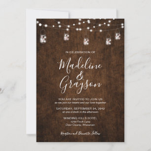 String Lights Mason Jars Rustic Wood Wedding Invitation