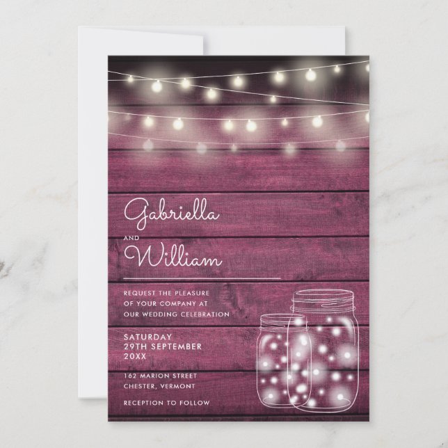 String Lights Mason Jars Rustic Wood Wedding Invitation (Front)