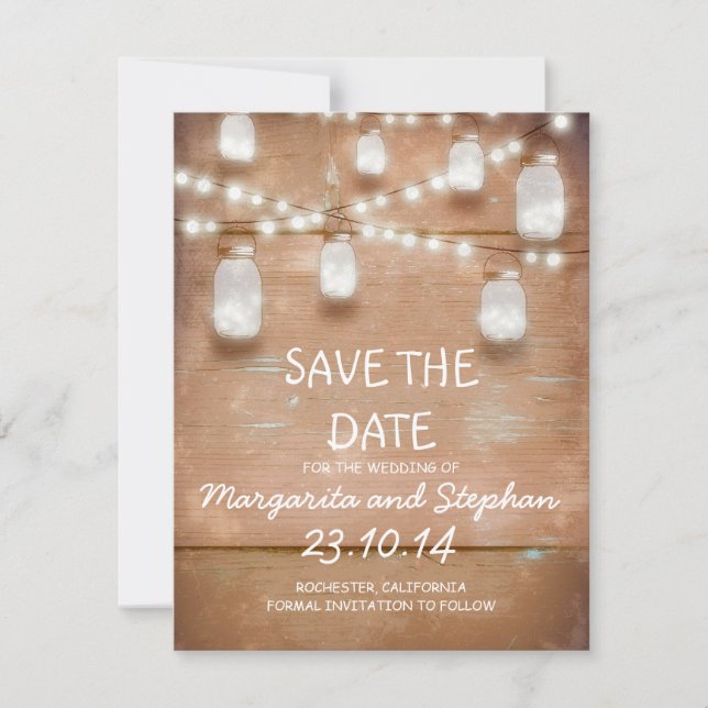 string lights & mason jars save the date cards (Front)
