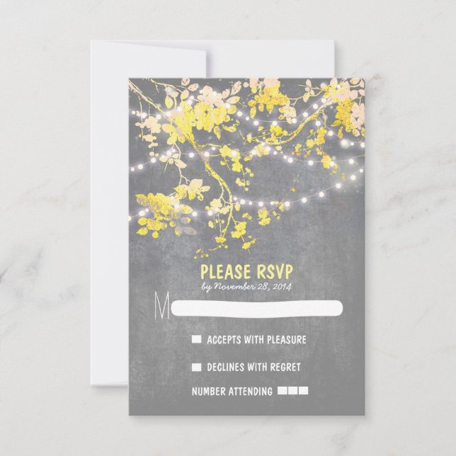 String lights modern rustic wedding RSVP cards (Front)