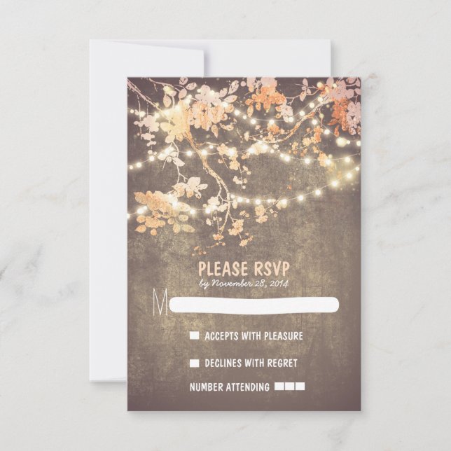 String lights modern rustic wedding RSVP cards (Front)