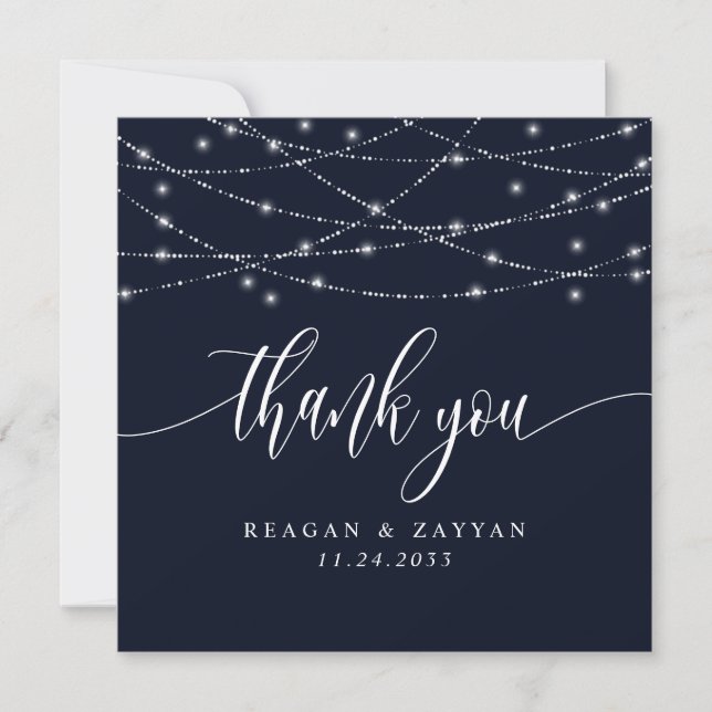 String Lights Navy Blue Elegant Wedding Thank You Card (Front)