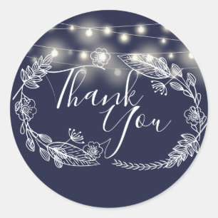 String Lights Navy Blue Floral Thank You Classic Round Sticker