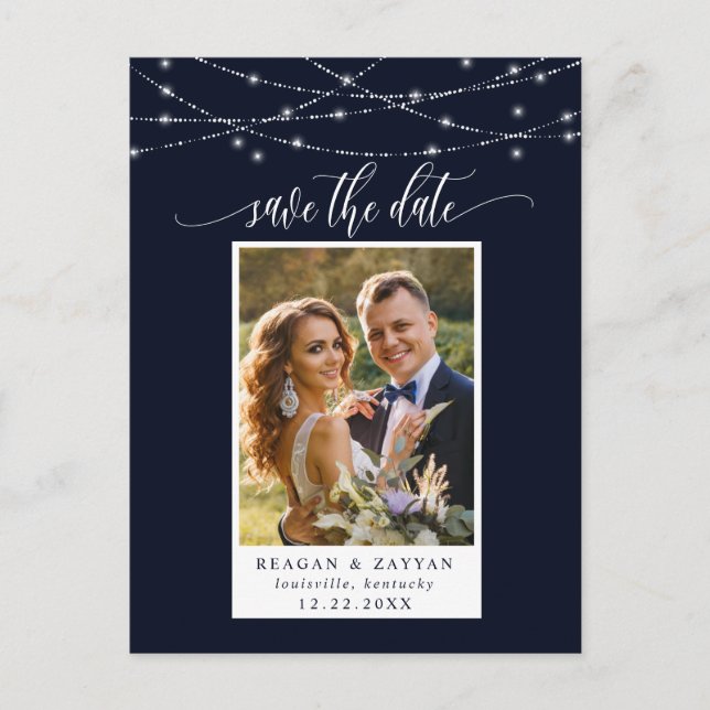 String Lights Navy Blue Photo Save The Date Announcement Postcard (Front)