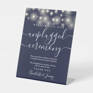 String Lights Navy Blue Unplugged Ceremony Pedestal Sign