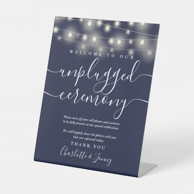 String Lights Navy Blue Unplugged Ceremony Pedestal Sign (Front)