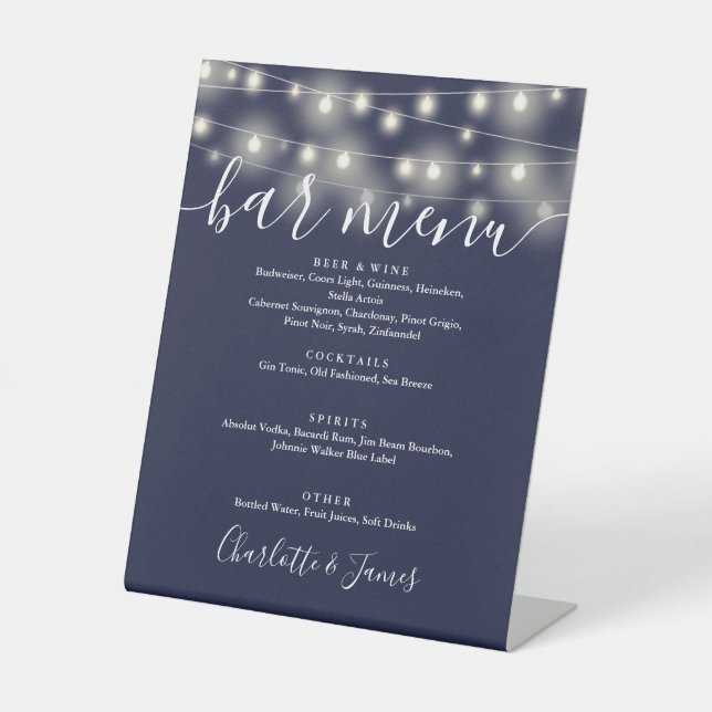 String Lights Navy Blue Wedding Bar Menu Pedestal Sign (Front)