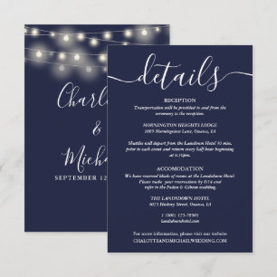 String Lights Navy Blue Wedding Details Enclosure Card