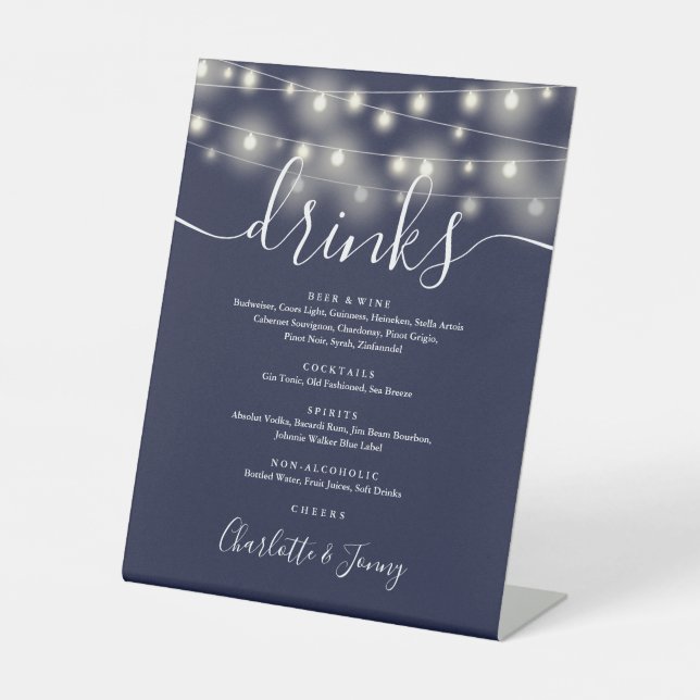 String Lights Navy Blue Wedding Drinks Menu  Pedestal Sign (Front)