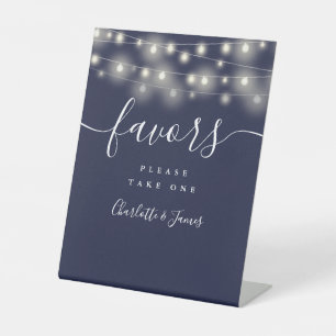 String Lights Navy Blue Wedding Favours Table Pedestal Sign