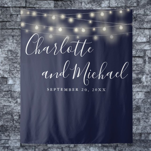 String Lights Navy Blue Wedding Photo Backdrop Tapestry (String Lights Navy Blue Wedding Photo Backdrop)