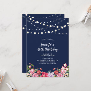 String Lights & Navy Floral Adult Birthday Party Invitation