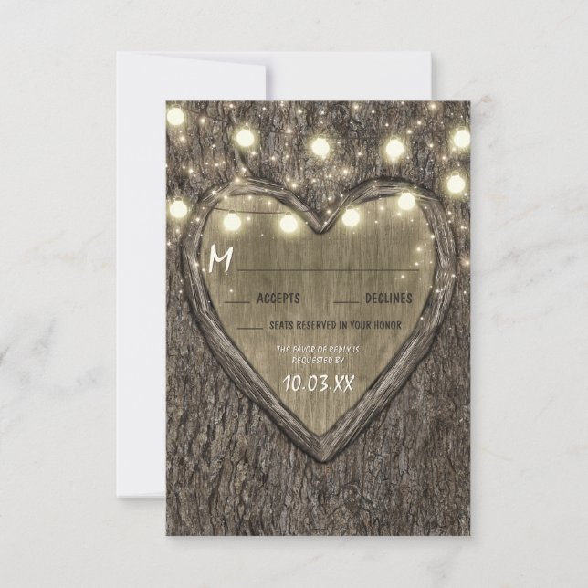 String Lights + Oak Tree Bark Wedding RSVP Cards (Front)